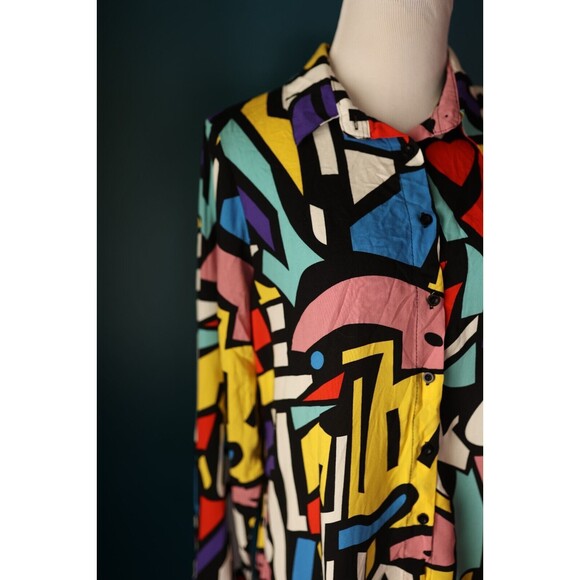 Big Dart 80s Style Colorful Geometric Pop Art Button Up Long Sleeve Color Block - Picture 7 of 11